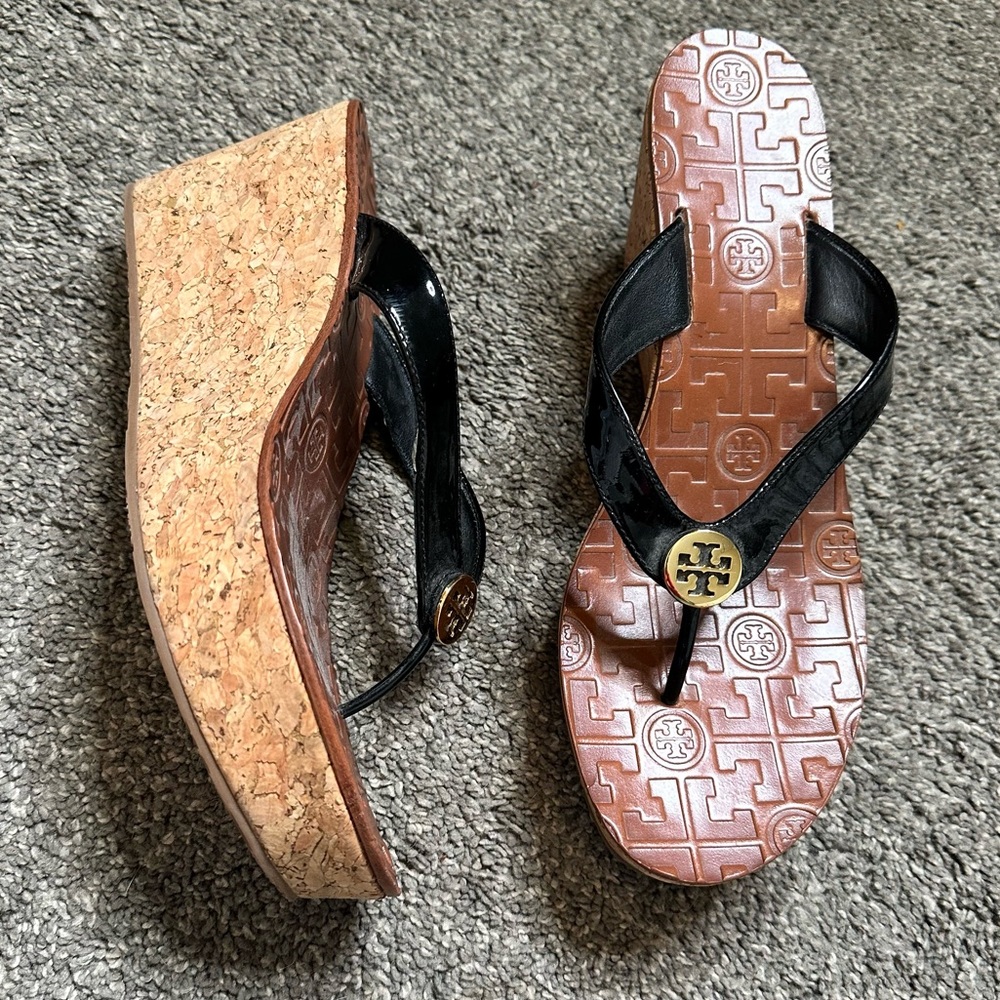 Tory Burch Thora Black Cork Wedge Thong Flip Flop Sandals